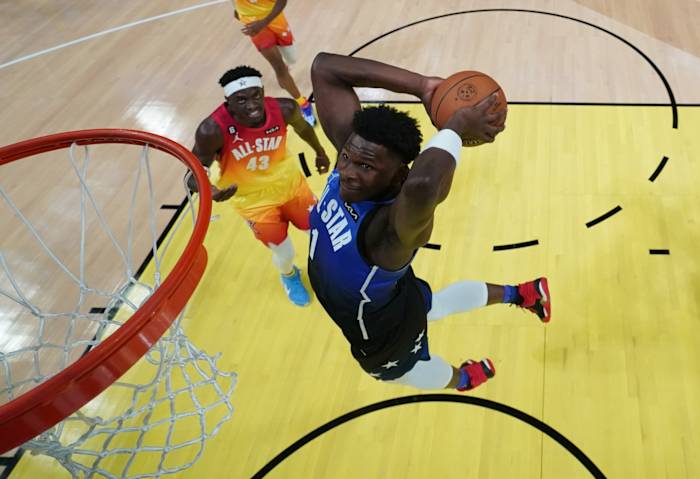 Feb 19, 2023; Salt Lake City, UT, USA; Team LeBron guard Anthony Edwards (1) dunks the ball as Team Giannis forward Pascal Siakam (43) looks on in the 2023 NBA All-Star Game at Vivint Arena.